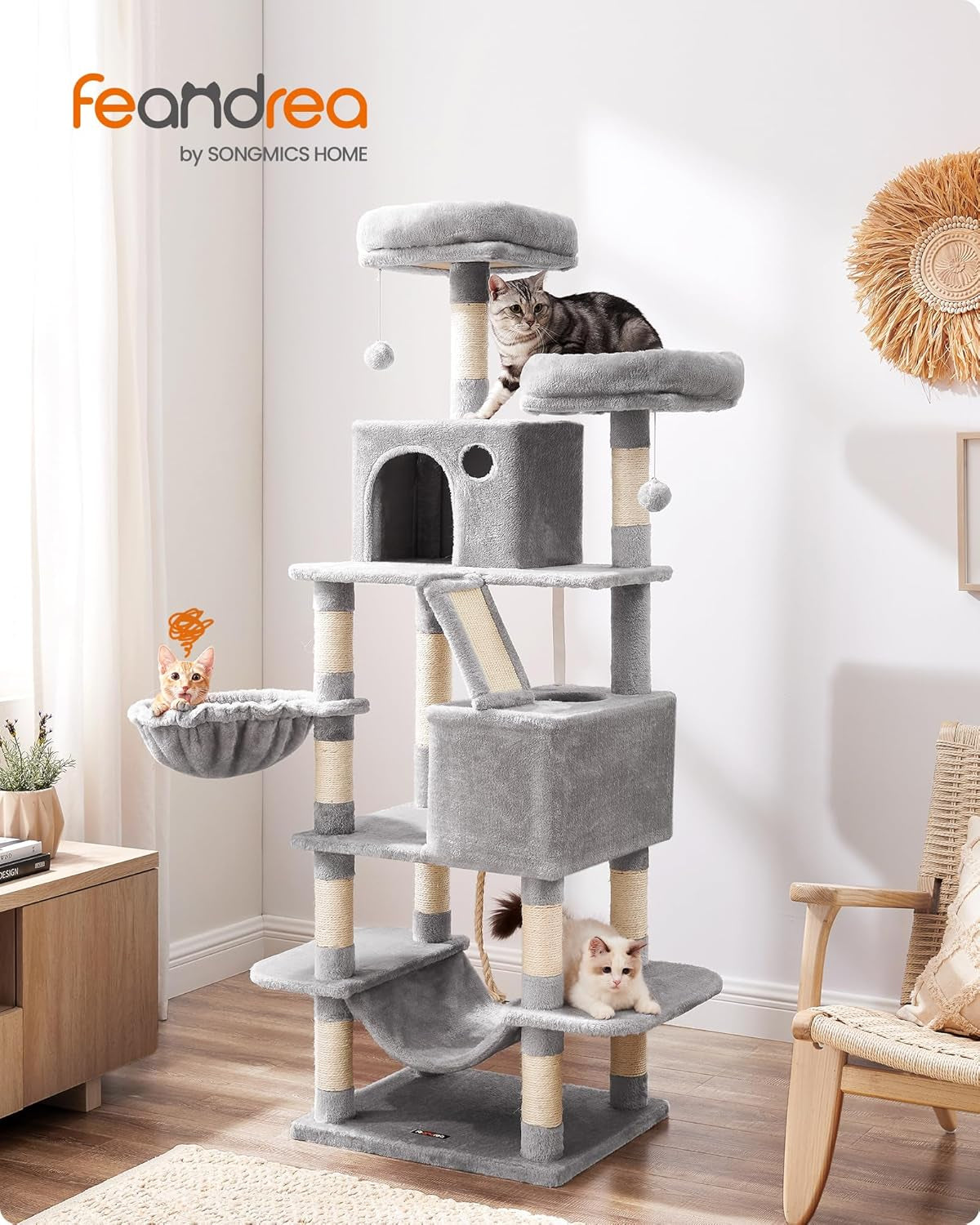 Large Cat Tree 168 cm – Multi-Level Cat Scratching Post with 2 Beds, 2 Hideaways & Hammock
