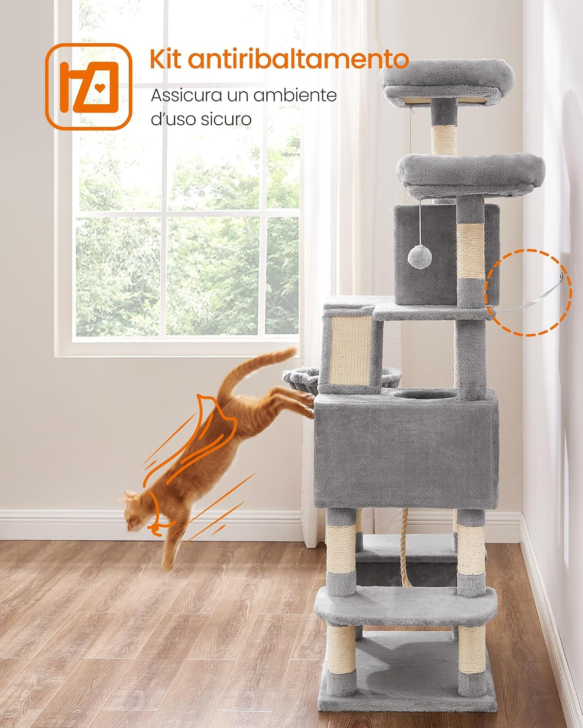 Large Cat Tree 168 cm – Multi-Level Cat Scratching Post with 2 Beds, 2 Hideaways & Hammock