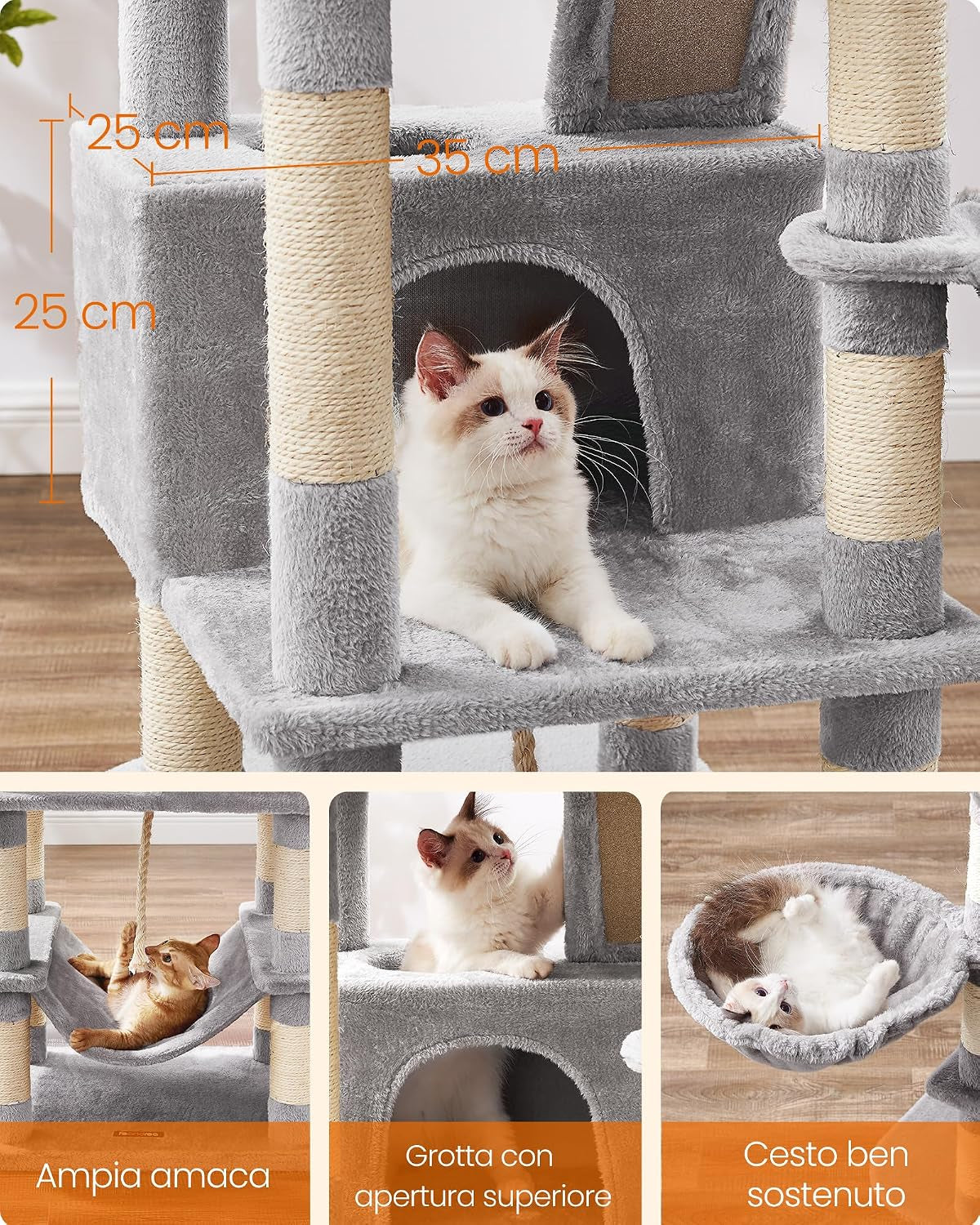 Large Cat Tree 168 cm – Multi-Level Cat Scratching Post with 2 Beds, 2 Hideaways & Hammock