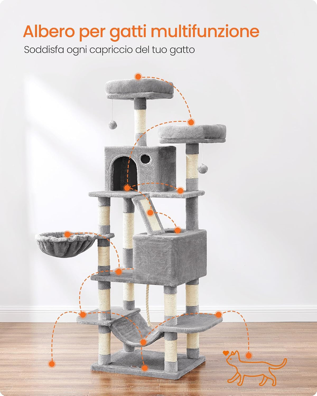 Large Cat Tree 168 cm – Multi-Level Cat Scratching Post with 2 Beds, 2 Hideaways & Hammock