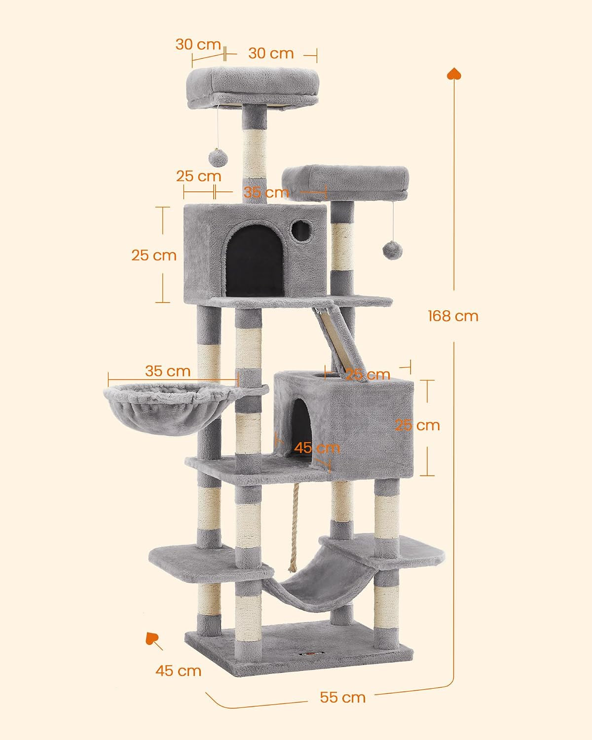 Large Cat Tree 168 cm – Multi-Level Cat Scratching Post with 2 Beds, 2 Hideaways & Hammock