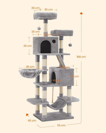 Large Cat Tree 168 cm – Multi-Level Cat Scratching Post with 2 Beds, 2 Hideaways & Hammock